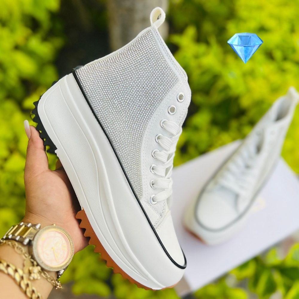 White Rhinestones Converse Platform Sneakers